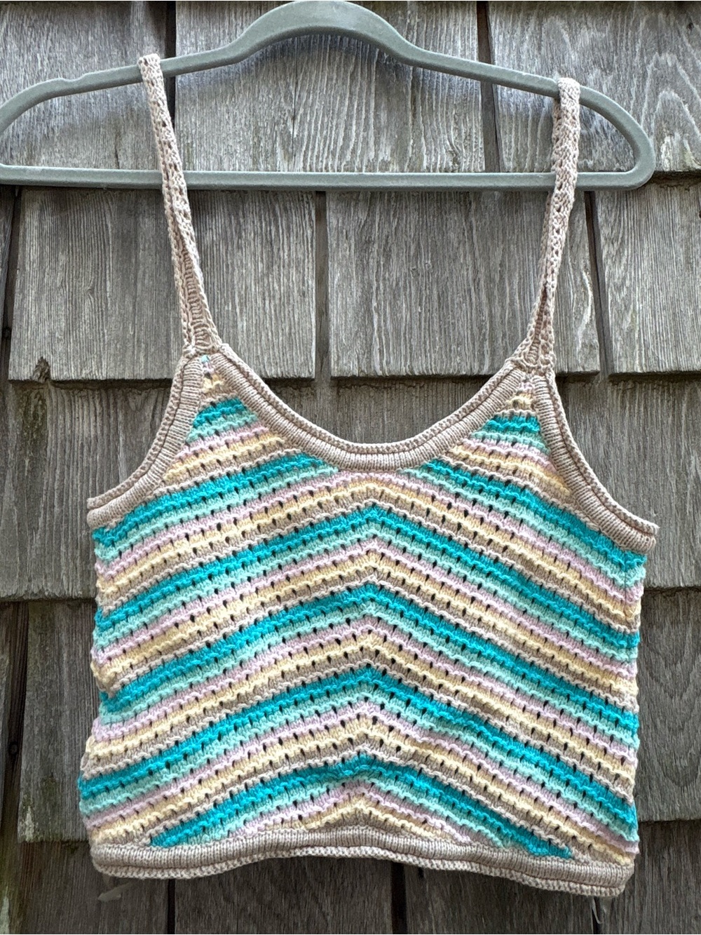 Tilly's Pastel Stripe Crochet Crop Tank - Blue, Cream & Pink